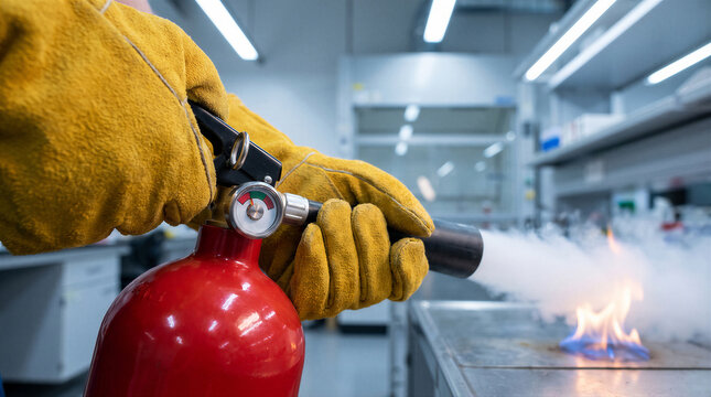 Scientist in protective gloves using a carbon dioxide fire extinguisher to put out a small flame on a laboratory workbench