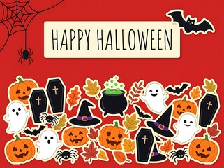 Fototapeta premium Halloween greeting card with stickers of pumpkins, ghosts, coffins, and witch hats on red