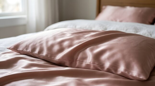 Pink silk pillowcase on a comfortable bed in a bright bedroom