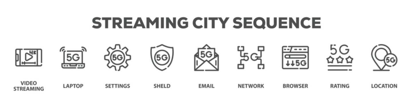 Streaming City Sequence with icon of Video streaming, Laptop, Settings, Sheld, Email, Network, Browser, Rating, Location