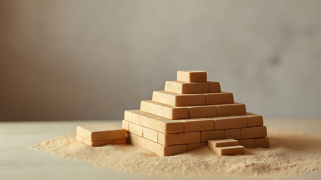 Clay brick forms and stepped ziggurat model on table, ancient architecture and history concept