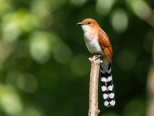 Fototapeta premium Common Squirrel Cuckoo bird perches on vertical wooden branch in green forest. Brown avian wildlife with long black, white spotted tail sits in tropical jungle habitat. Small wild animal looks