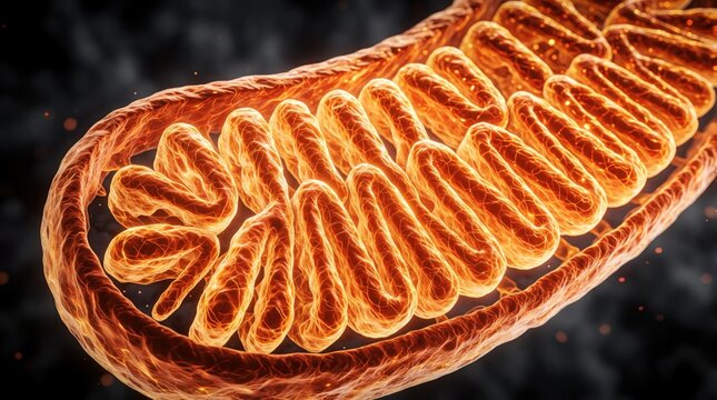 Glowing mitochondrion shows intricate internal cristae structure producing cellular energy. Microscopic view of biological powerhouse with vibrant orange and yellow light on dark background.
