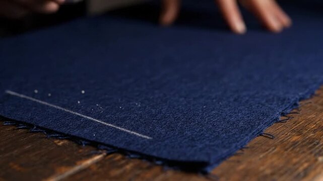 Tailor measuring blue fabric on wooden work table. 4K Video