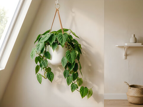 Lush green heartleaf philodendron cascading from a macrame plant hanger indoors