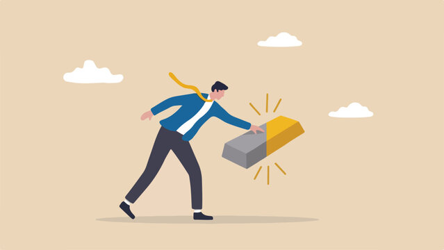 The midas touch, turning ideas into profit, guaranteed business success concept, businessman touching a flat solid gray box and turning it into gold, clean minimal flat vector illustration