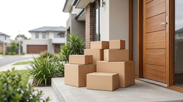 Stack of plain cardboard delivery boxes on a modern residential porch near the front door, illustrating e-commerce shipping and home relocation concepts.