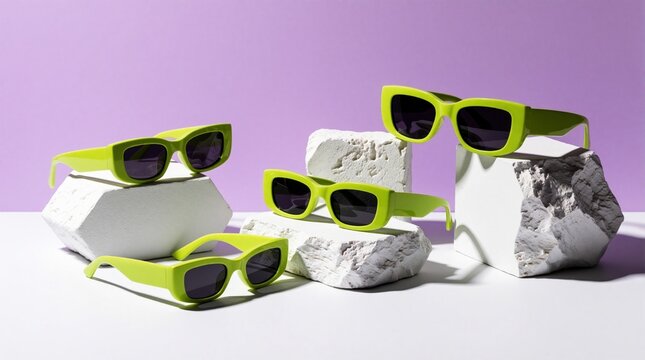 Group of modern lime green sunglasses rest on textured white pedestals. Bright eyewear fashion accessory displayed against purple backdrop, great for summer style.