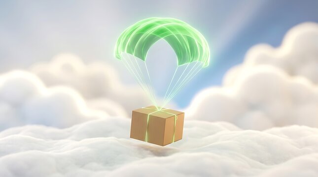 Cardboard Delivery Box Descending by Parachute Onto Clouds