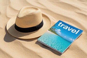 Obraz premium Straw hat with black band, travel magazine lie on sandy beach. Summer vacation concept with sunhat, book on sand. Relaxing holiday vibes near ocean shore. Tropical destination inspiration for summer