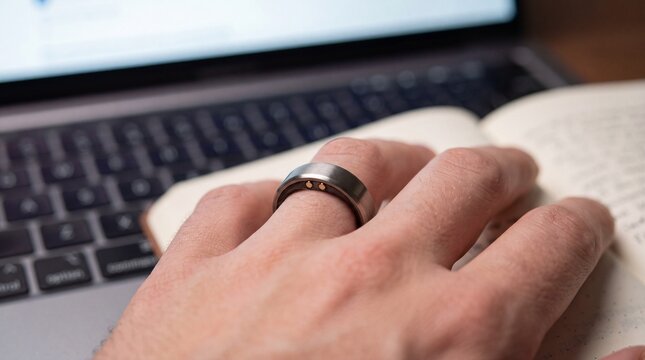 Macro shot of hand wearing titanium smart health-tracking ring resting on notebook