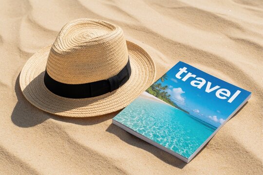 Straw hat with black band, travel magazine lie on sandy beach. Summer vacation concept with sunhat, book on sand. Relaxing holiday vibes near ocean shore. Tropical destination inspiration for summer