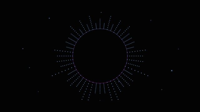 Abstract digital audio equalizer circle radiating glowing dots on black