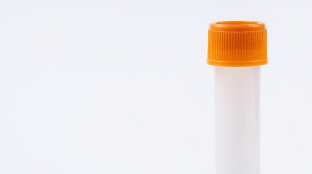 Clean plastic fecal test tube with orange screw lid. Empty white specimen collection container for medical stool analysis. Sterile medical equipment for laboratory testing, diagnostics on white