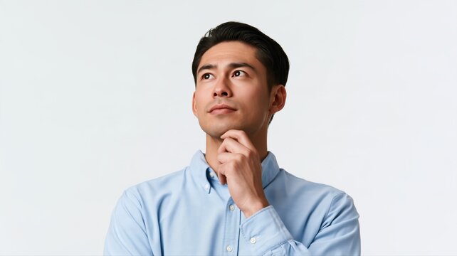 青いシャツを着て顎に手を当てて考えている男性のポートレート。広告やWebサイトのビジネスやライフスタイル関連の素材