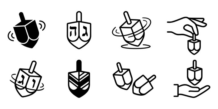 Hanukkah Dreidel Game Actions Line Art Icon Set Vector