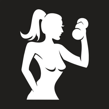Flat vector illustration of a fit woman silhouette with a ponytail lifting a dumbbell for bicep curls.