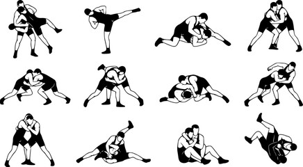 Fototapeta premium collection of silhouettes wrestling with different pose, gesture. isolated on white background. vector illustration.