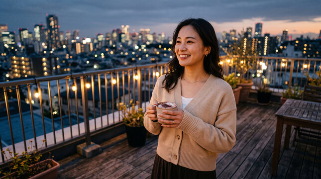 街のスカイラインを見渡す屋上テラスでラテを持つ20代半ばの日本人女性のポートレート