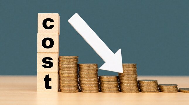 Wooden blocks spell COST next to decreasing coin stacks and a downward arrow symbol. This visual represents financial decline reduced spending or economic downturn.