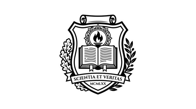 Heraldic academic crest with open book and flame.