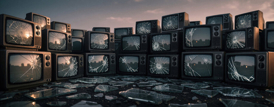 Old televisions with cracked screens stacked outdoors represent technological obsolescence and decay. Broken glass pieces rubbish the ground around the discarded vintage electronics.