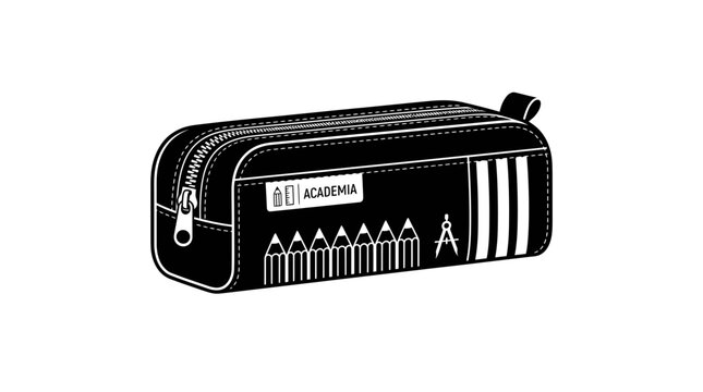 Black and white illustration of a pencil case for school supplies.
