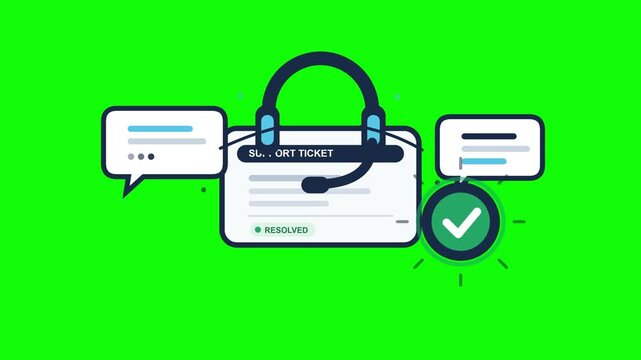 Customer support ticket animation showing headset icon and chat bubbles appearing in motion on a flat green screen background visual