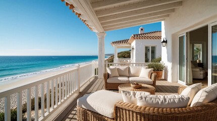 Obraz premium Luxury oceanfront villa terrace with white furniture, wicker sofas. Spacious patio overlooks turquoise sea, sandy beach. Comfortable outdoor lounge area offers relaxing Mediterranean coastal