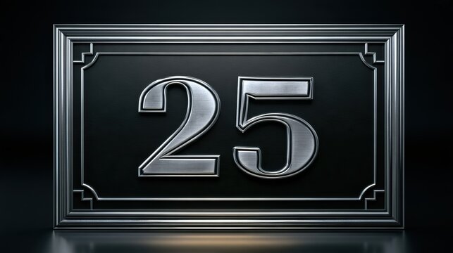 A silver metallic number 25 is featured in an Art Deco frame against a dark background for a formal anniversary celebration.