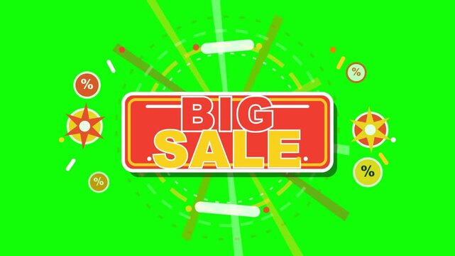 Big sale promotional text animation with vibrant red colors and dynamic motion graphics displayed over a bright green screen background