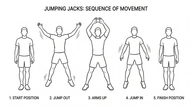 Instructional illustration showing the step by step sequence of performing jumping jacks exercise.