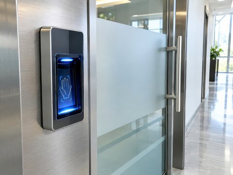 Palm vein biometric scanner beside frosted glass office door in bright corridor
