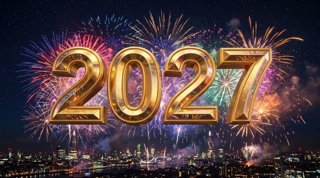 Golden 2027 numbers with colorful fireworks over a city skyline at night