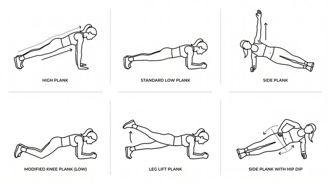 Set of six different plank exercise variations for core strength training.