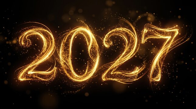 Golden 2027 numbers formed by glowing light particles on black background