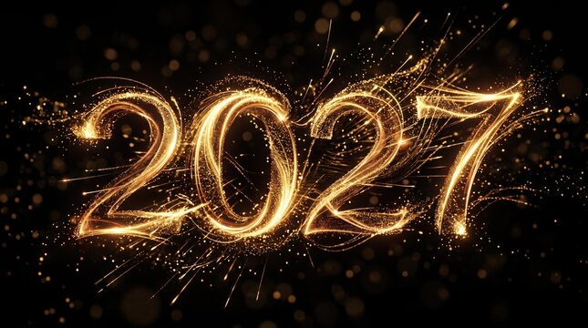 Golden 2027 numbers made of glowing light particles on black background