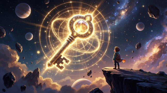 Young boy stands on cliff edge looking at giant glowing cosmic key in space. Magical golden key floats near nebula stars, planets. Fantasy explorer discovers secret portal to universe, unlock wisdom,