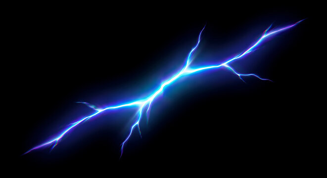 Bright blue electric lightning bolt isolated on a solid black background