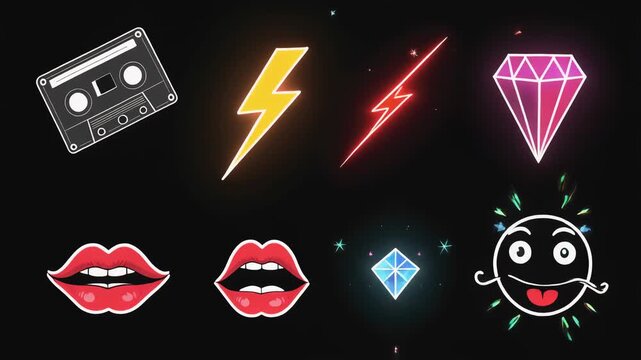 Set of 90s-style sticker animations in outline cartoon comic style on a transparent backgrou