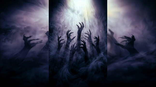 Zombie hands rising from ground in dark foggy night background for horror concept art
