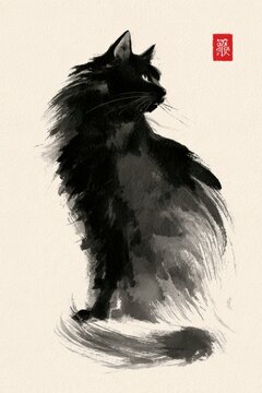A single cat is depicted in black ink using a loose brushstroke method on cream paper. This artwork reflects traditional Zen concepts.