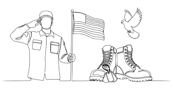 Soldier Saluting American Flag, Combat Boots, Dog Tags, Peace Dove - Line Art