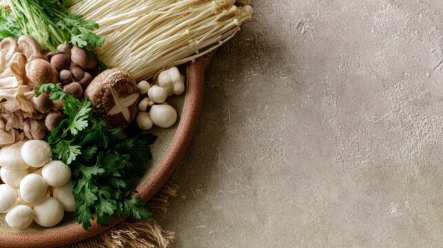 Japanese mushroom hot pot ingredients border with shiitake and enoki around copy space
