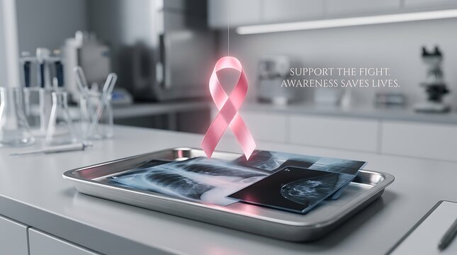 &ldquo;Soft pink awareness ribbon resting on a metal tray with X-ray films in a sterile laboratory, text &lsquo;Support the Fight Against Breast Cancer&rsquo;&rdquo;