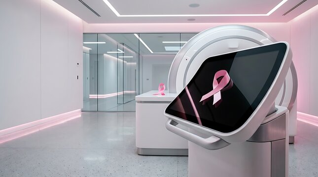 &ldquo;Modern white mammography machine in a clean pink-lit clinic, screen displaying a glowing pink breast-cancer awareness ribbon&rdquo;