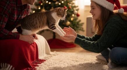 Fototapeta na wymiar Family celebrating Christmas with pets as a cat interacts with a father and daughter near a decorated Christmas tree.