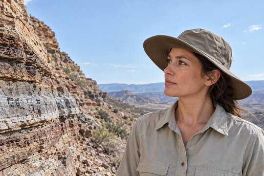 Geologist Observing Layered Rock in the Field