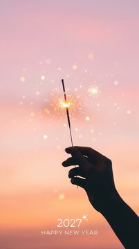 Hand holding a burning sparkler against a sunset sky for New Year celebration