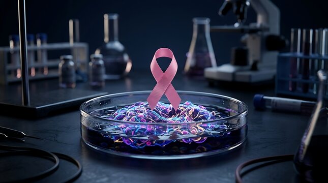 &ldquo;Pink awareness ribbon floating above a petri dish filled with glowing DNA strands and cells in a dark high-tech laboratory&rdquo;